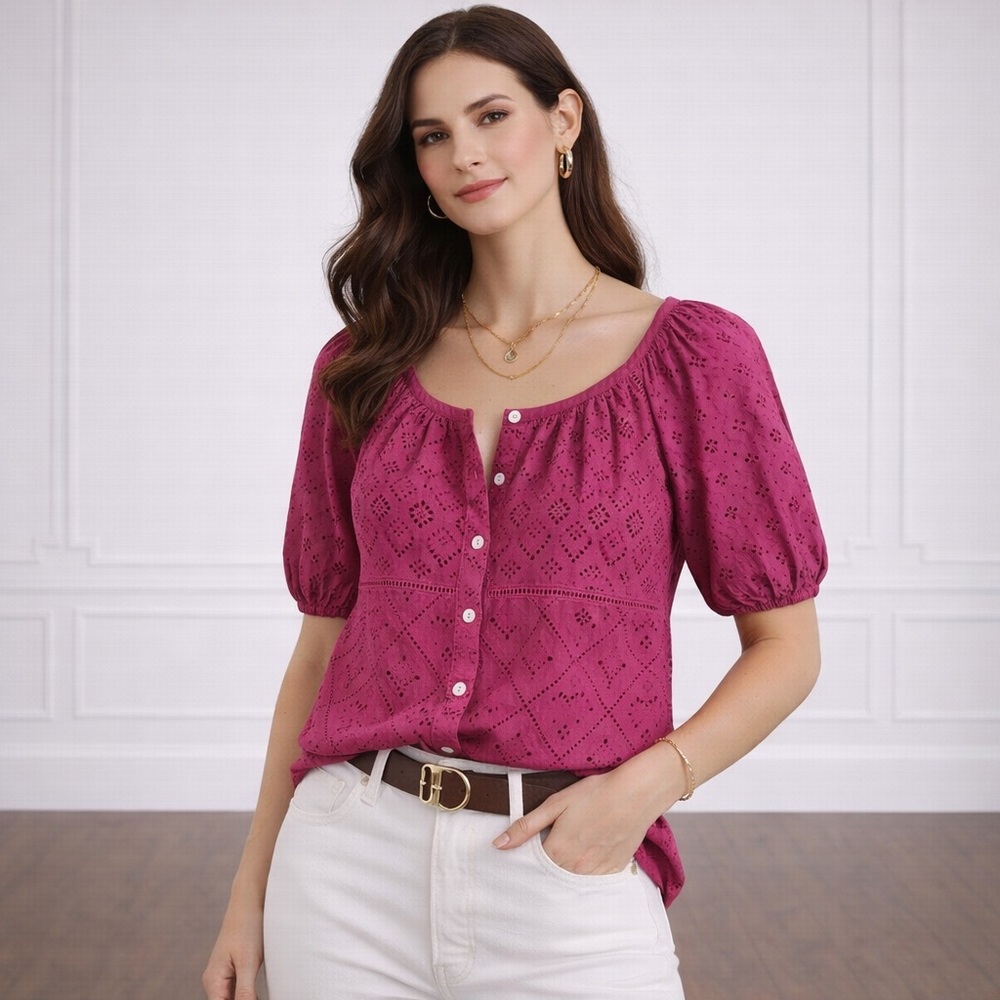 Eyelet Lace Scoop Neck Button Down Blouse Organic Cotton Pink Size Small